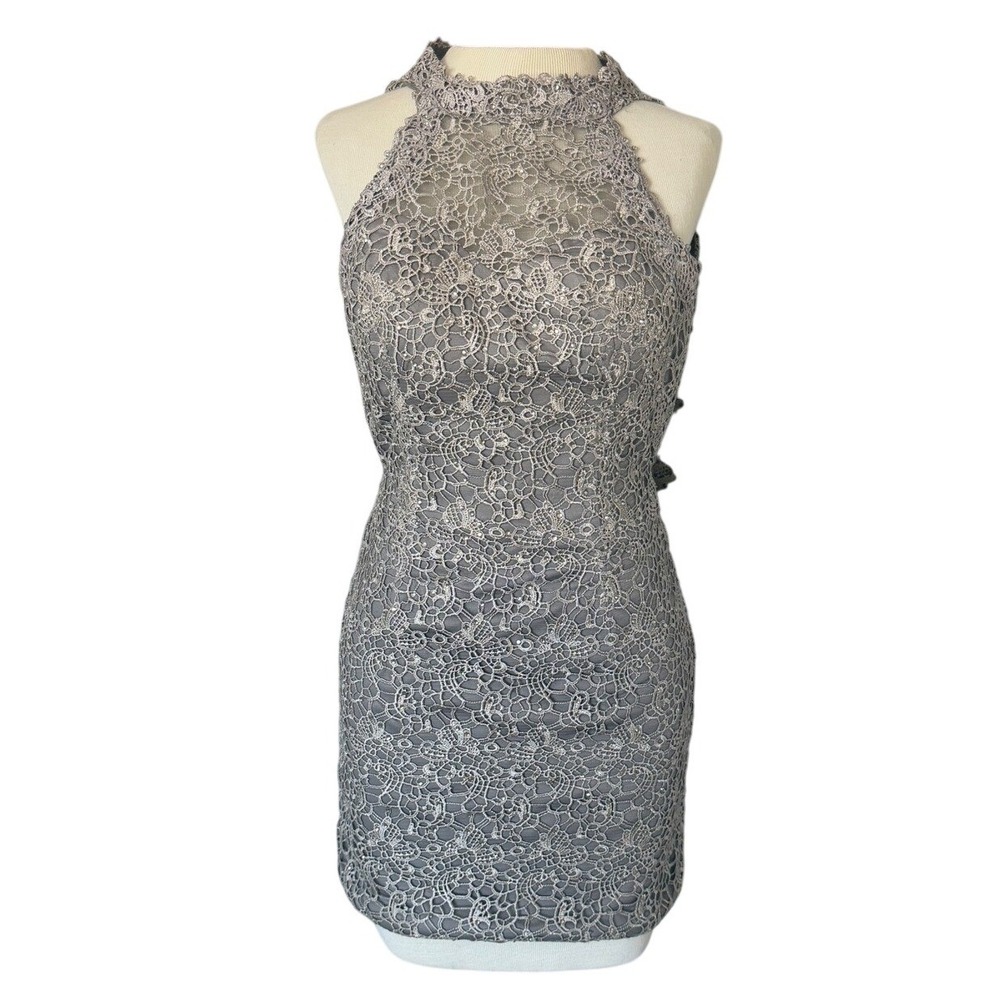 Alyce Paris Gray Lace Rhinestone Halter Open Back Mini Dress 00 Prom Homecoming